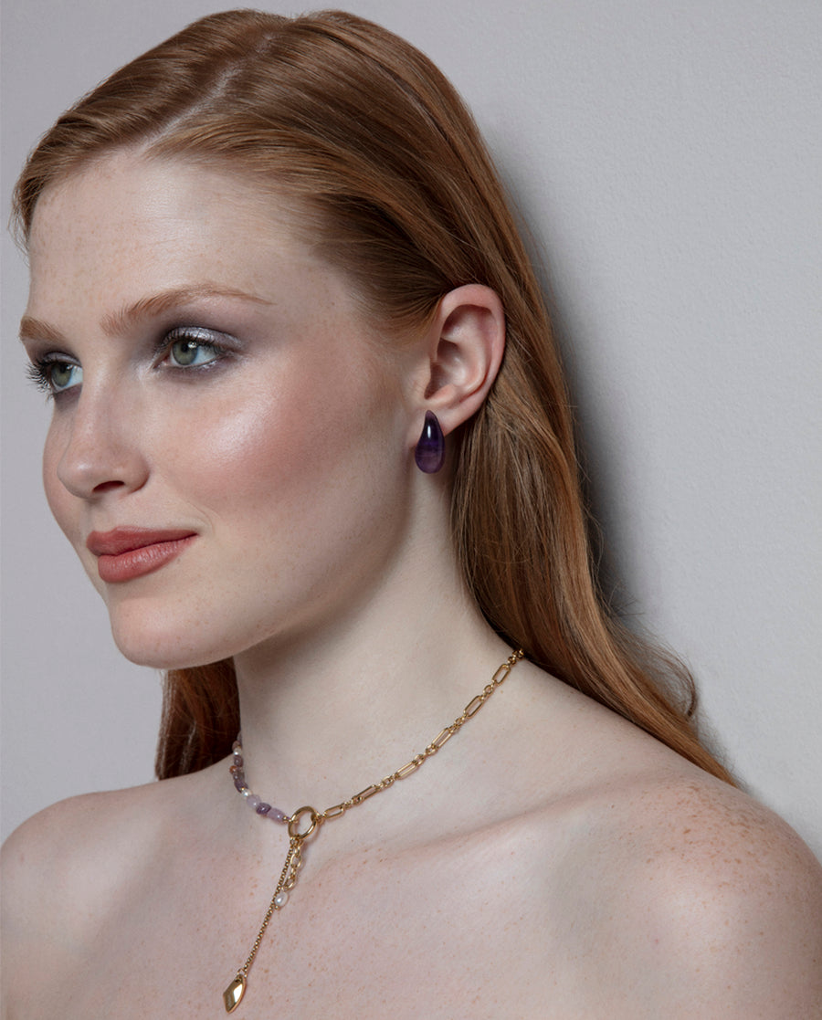 PENDIENTE  ACERO IP DORADO PIEDRA NATURAL COLOR MORADO PARA ELLA FASH