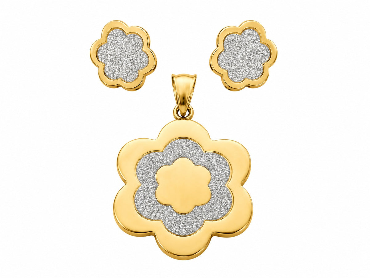 JOYERIA ACERO CONJUNTO FLOR CHAPADA CIR