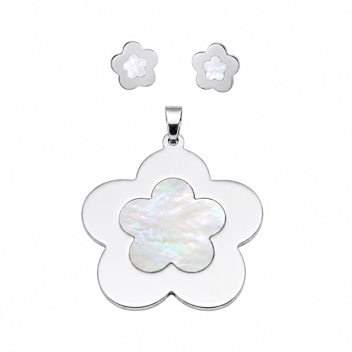 JOYERIA ACERO JUEGO FLOR NACAR