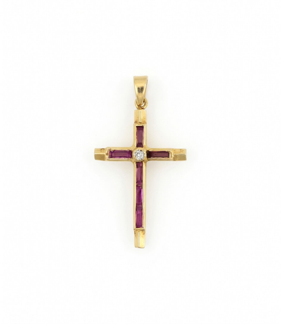 Cruz de Oro 18kt con Rubí y Circonita