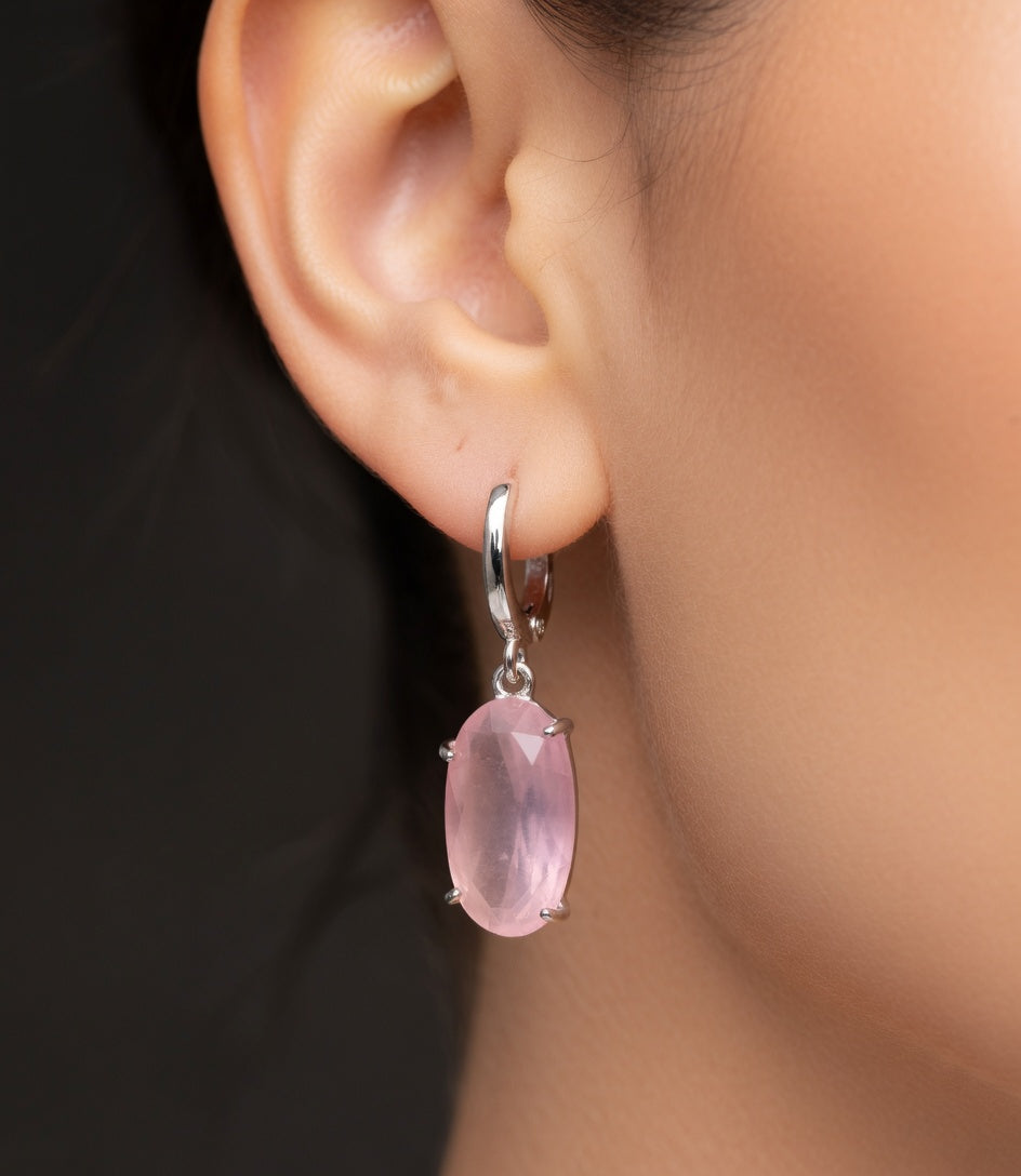 PENDIENTES PLATA, COLGANTE, QUARZO ROSA