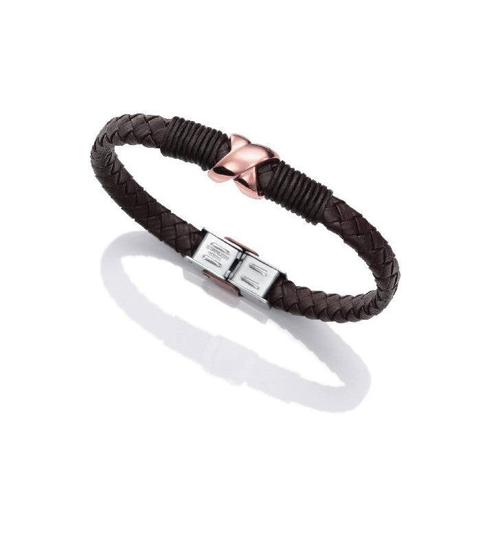 PULSERA ACERO IP ROSADO PIEL MARRÓN SR F