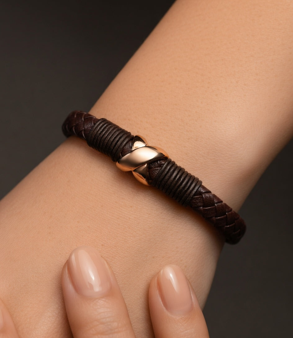 PULSERA ACERO IP ROSADO PIEL MARRÓN SR F