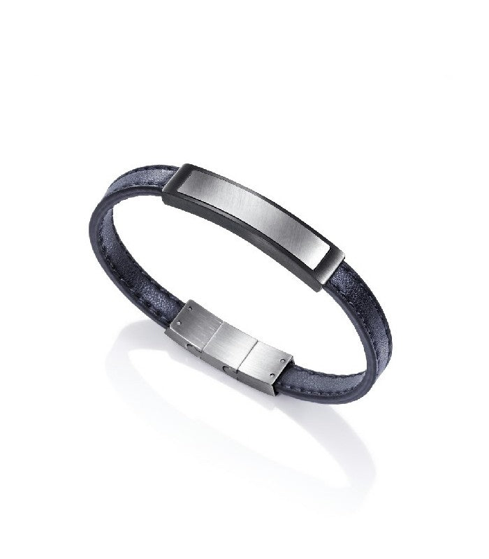PULSERA PLACA ACERO SATINADA Y PIEL PARA HOMBRE